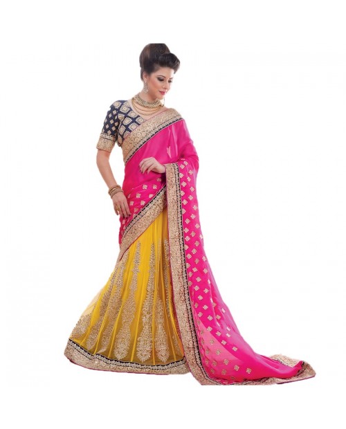 KITESHOP Yellow Lace Border Chiffon Wedding Lehenga Saree